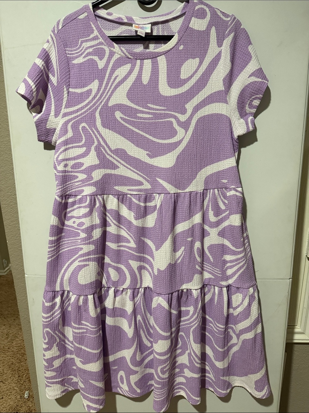 LuLaRoe Ariel Waffle Crepe Lavender and White Swirl Midi Dress